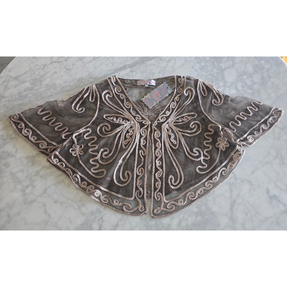 Pretty Angel Silk Blend Soutache Embroidered Mesh Shrug Bolero Capelet Taupe S